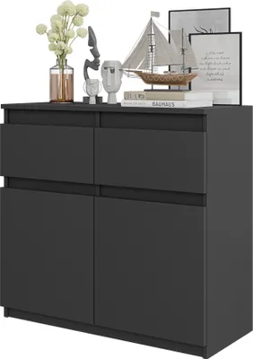 A dark gray sideboard with two drawers and two doors, decorated with various objects on top.