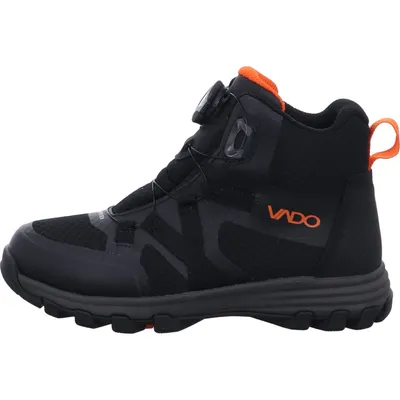 A side view of a black hiking boot with orange accents.