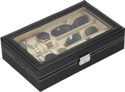 Zdjęcie produktu dla Pudełko na zegarki pudełko na okulary pudełko na biżuterię 33 x 20 x 8 cm pudełko z imitacji skóry 6 zegarków pudełko na zegarki