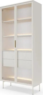 A white cabinet with glass doors and internal lighting.