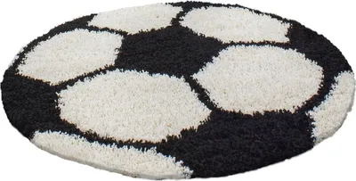 Produktbild von Fun Shaggy fußball kinderzimmer teppich hochflor rund Ø 120cm schwarz
