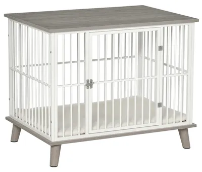 Immagine prodotto di Cuccia per cani - Cuccia/gabbia per interni - Con porta e cuscino - Struttura in acciaio - Per cani fino a 15 kg - Bianco-grigio