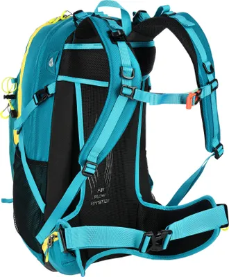A side view of a teal and yellow backpack.