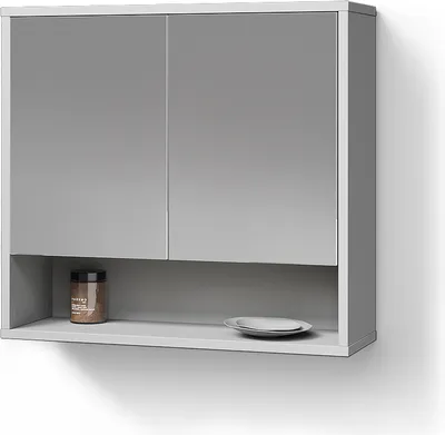 A white bathroom cabinet with mirrored doors and a shelf below.