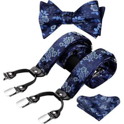 Produktbild von Hosenträger Set Herren breit elastisch längenverstellbar mit Fliege und Einstecktuch Blau Floral