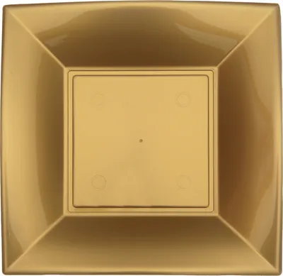 A top-down view of a square gold plastic dessert plate.