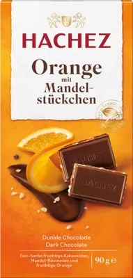 Produktbild von Hachez Orange mit Mandelstückchen Dunkle Schokoladentafel 90g