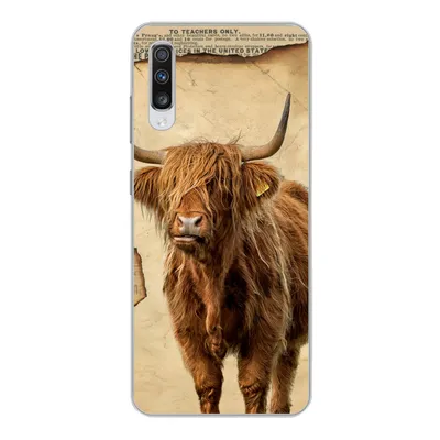 Produktbild von MuchoWow® Handyhülle Schutzhülle Hülle für Samsung Galaxy A70 Schottischer Highlander - Retro - Zeitungsartikel Silikon Softcase Handy Hülle - Schutzhaube