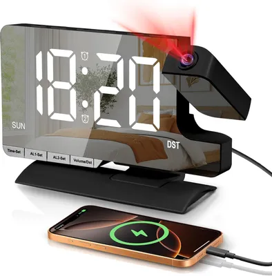 Produktbild von Projektionswecker Digital 7,3 Zoll LED, 180° Projektion, Spiegel Display, Dual Alarm, Snooze, USB & Type-C, dimmbar, für Schlafzimmer & Kinder