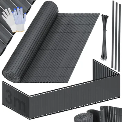 A product image displaying a rolled-up privacy screen, a partially unfurled privacy screen forming a corner, and accessories like zip ties and gloves.