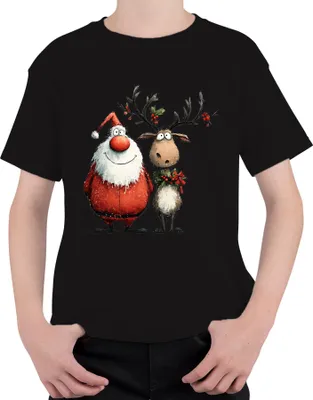 Produktbild von Lustiger Weihnachtsmann und Rentier Cartoon Weihnachten Geschenk Uni Kinder T-Shirt, Schwarz, 128