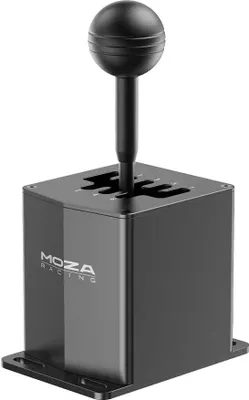 A black and gray racing shifter with a black spherical knob on top, mounted on a black base with screw holes. The shifter has a silver panel with the 'MOZA RACING' logo and text.
