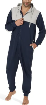Produktbild von SLOUCHER - Herren Jumpsuit Onesie Overall Einteiler Hausanzug aus Baumwolle mit Reißverschluss und Kapuze ; Marine , S