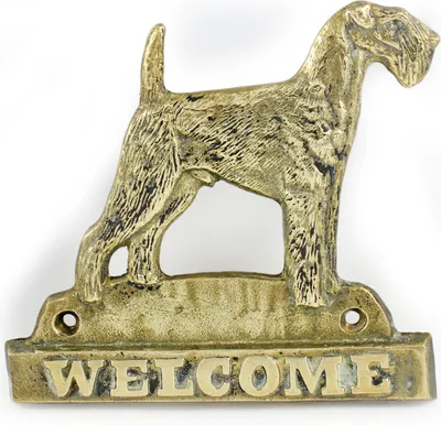 Obrázok produktu pre Airedale teriér – tabuľka na dvere so psom, mosadzná uvítací plaketa, výnimočná tabuľka s nápisom „Welcome“ od značky Art-Dog