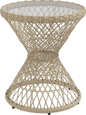 A wicker side table with a glass top.