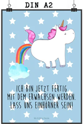 Produktbild von Mr. & Mrs. Panda Bild Einhorn Pupsen DIN A2 - Blau Pastell - Geschenk, Spaß, kunstdruck poster, wanddeko, Glitzer, Unicorn, drucke, Wandbild, Regenbogen, Lustig, Freundin