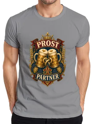 Productafbeelding van Prost Partner Bier Wapen, Brezel, Kroon, Lederhosen, Heren T-shirt, Grijs, XXL