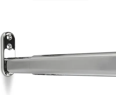 A close-up shot of a telescopic closet rod mounted on a white wall.