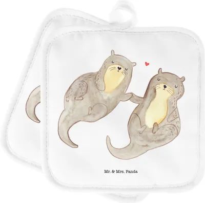Produktbild von Mr. & Mrs. Panda Topflappen Otter Hände halten - Weiß - Geschenk, topfhalter, Kochlappen, Verliebt, Doppel, Seeotter, Paar, Romantisch, Liebe, Set, Topfuntersetzer