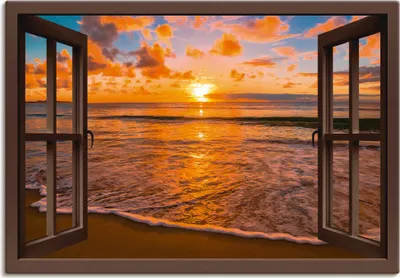 Produktbild von ARTland Leinwandbild Fensterblick Sonnenuntergang am Strand Größe: 130x90 cm