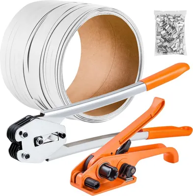 Immagine prodotto di Kit di reggiatura, sigillatrice per reggiatura per impieghi gravosi con nastro in PP da 100 m di lunghezza, 100 sigilli metallici, kit di reggiatura manuale in plastica per imballaggio di pallet per magazzino/spedizione/traslochi/casa, arancione