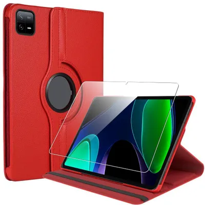 Image de Coque + Verre Trempé pour Xiaomi Pad 6 / 6 Pro, Etui Rotatif 360° Multi-Angle Synthécuir Rouge