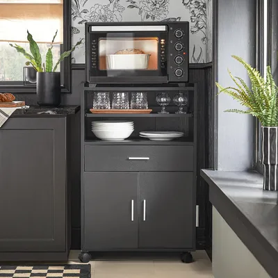 Image de Chariot de cuisine FSB09, armoire à micro-ondes sur roulettes, avec étagère extensible, noir