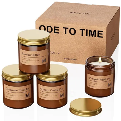 Productafbeelding van Geurkaarsen set, 4x100g, sojawas in glazen potjes, herfstgeuren: pompoen, appel, kaneel, vanille, koffie