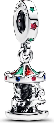 A silver charm shaped like a carousel with colorful enamel details.