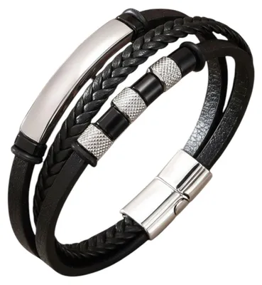 Zdjęcie produktu dla Bransoletka męska skórzana czarna magnetyczna stal elementy ozdobne 21cm