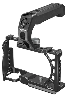 Obrázek produktu pro Poyinco Camera Cage + Top Grip Set, klec pro kameru s držákem Cold Shoe, 1/4" a 3/8" závit, hliníková slitina, náhradní pro Sony A6500/A6400/A6300/A6100/A6000