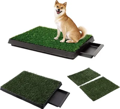 Produktbild von 2 Stück Kunstrasen Welpentoilette Hundetoilette, 63 x 50x 7cm Hundeklo mit Tablett & Kunstrasen Gras, Trainingsunterlage für Haustiere, Indoor Haustiere WC, Dunkelgrün