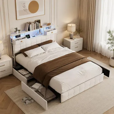Image de Lit tapissé INONEFT 140x200 avec LED et ports USB, lit pour adolescents avec une tête de lit comprenant 2 espaces fermés et 3 étagères ouvertes, 4 tiroirs, couleur beige, Image générée par une IA