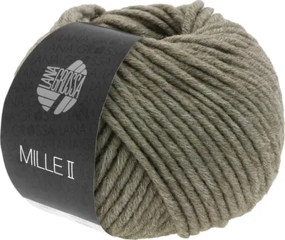 A ball of taupe yarn with a black label.