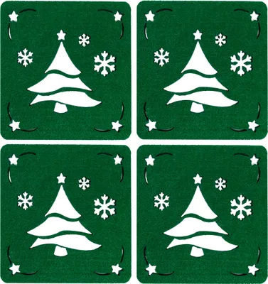 Four green square coasters, each featuring a white Christmas tree design with snowflakes and corner star accents.
