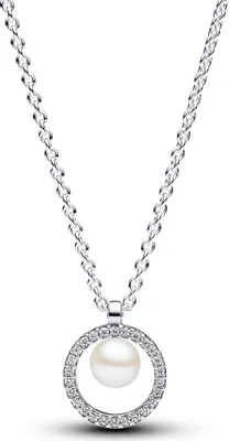 A silver necklace with a circular pendant containing a pearl and small stones.