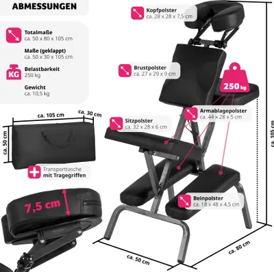 Produktbild von Tectake Massagestuhl, klappbar, verstellbar für Kopf, Brust, Sitz, Arme & Beine, extra dicke Polsterung, inkl. Tragetasche, abnehmbare & hygienisch reinigbare Kopfstütze, Maße: 80x50x105 cm, bis 200 kg, schwarz, Metall/PVC/Alu/Kunststoff