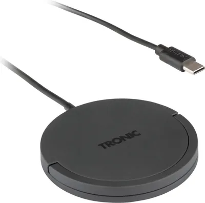 A black wireless charging pad with a USB-C cable attached, shown against a white background.