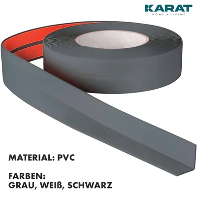 A roll of gray PVC baseboard trim with an orange backing is shown against a white background. Text indicates material and available colors.