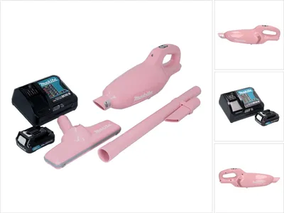 A pink Makita cordless vacuum cleaner set with accessories, a charger, and a battery, displayed on a white background.