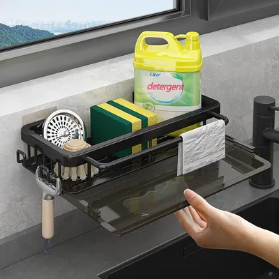 Produktbild von Waschbecken-Organizer mit Abtropffläche, Haken, Wandmontage (kein Bohren erforderlich), selbstklebender Waschbecken-Organizer für Küchenaccessoires (Schwamm/Bürste/Spülmittel) (schwarz)