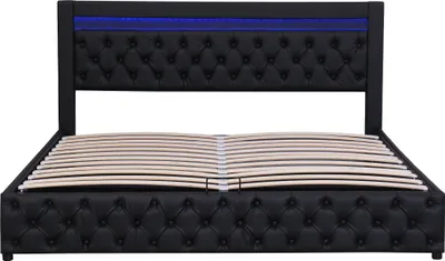 Produktbild von Flieks Polsterbett mit Stauraum und Lattenrost, Boxspringbett 160x200cm Doppelbett mit Led, Stauraumbett Funktionsbett, Schwarz