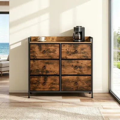 Produktbild von Stabiler Flurschrank mit 6 Stoffschubladen Retrostil Lagerschrank E1-Holzwerkstoff Metallrahmen Sideboard im Wohnzimmer Kommode Retro-Optik