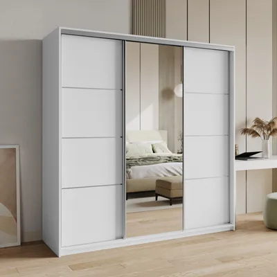 Produktbild von Masseno Schiebetürenschrank VARO 200/205/60 cm Kleiderschrank mit Schubladen Schlafzimmer Schrank 3-türig mit Spiegel Weiß + Satin