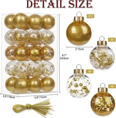 30-teiliges Set bruchsicherer Christbaumkugeln 5 cm - transparent mit goldenen Ornamenten - Weihnachtsbaumdekoration