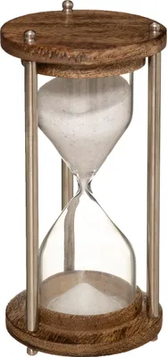 A wooden and glass hourglass with white sand.
