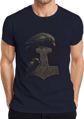 Produktbild von Thorshammer mit Raben nordische Mythologie Wikinger Runenkunst Herren T-Shirt, Navy, XXL