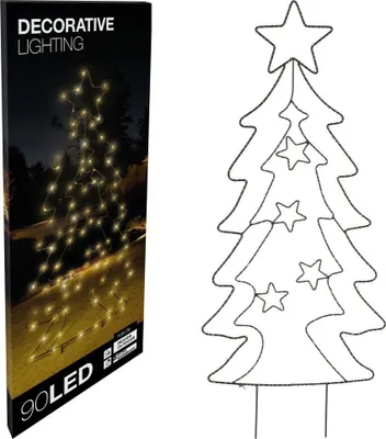 A product box for a decorative lighting Christmas tree, shown next to a line drawing of the tree.