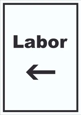 Produktbild von Labor Schild mit Text und Richtungspfeil links untersuchen forschen hochkant A6 Rückseite selbstklebend