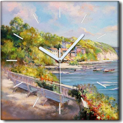 Produktbild von Coloray Uhr auf Leinwand 30x30 cm Wand Uhr Dekoration Wohnzimmer Segeltuch weiße Zeiger -Landschaft Italien Bay.